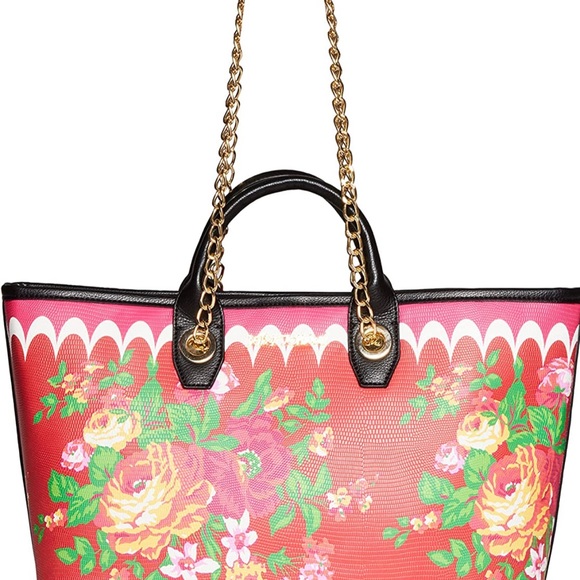Betsey Johnson red roses double handle gold chain tote bag - Picture 2 of 14